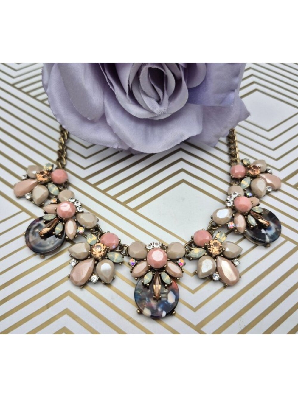 Gold Tone Collar Necklace 20" Beaded Floral Accents & Crystal Detailing